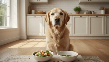 Alter Hund bekommt frisches Futter und Wasser