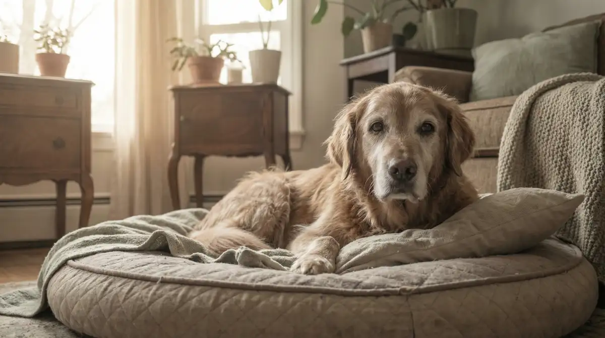 Älterer Golden Retriever liegt auf seinem Hundebett