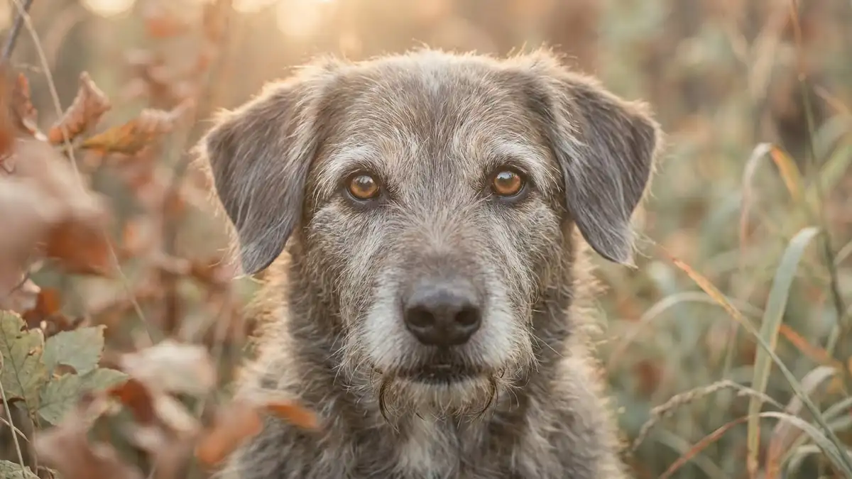 Älterer Hund mit grauer Schnauze im herbstlichen Gras