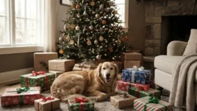 Golden Retriever liegt zwischen Geschenken unter dem Weihnachtsbaum