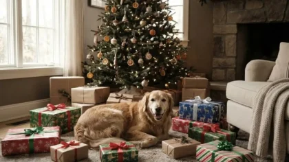 Golden Retriever lying among presents under the Christmas tree